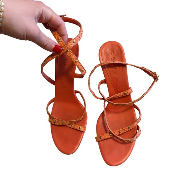 Vintage Celine Orange Python Snake sexy strapy Gladiator Sandals stiletto heels - Picture 9 of 11